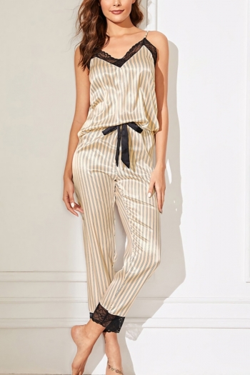New 5 colors satin ice silk striped print lace trim sling lace-up pants two-piece set pajamas 