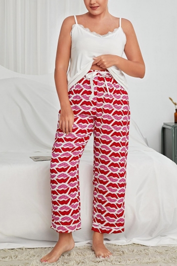 xl-4xl summer new plus-size sling lace trim vest lips batch printing lace-up pants set loungewear