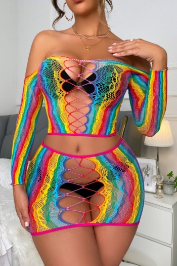 sexy lingerie new stretch rainbow color see through mesh cutout off-the-shoulder long sleeves sexy two-piece set(without underwear)