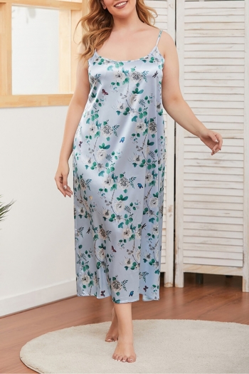 2xl-5xl summer new plus size floral batch printing non-stretch satin sling dress stylish sexy sleepwear