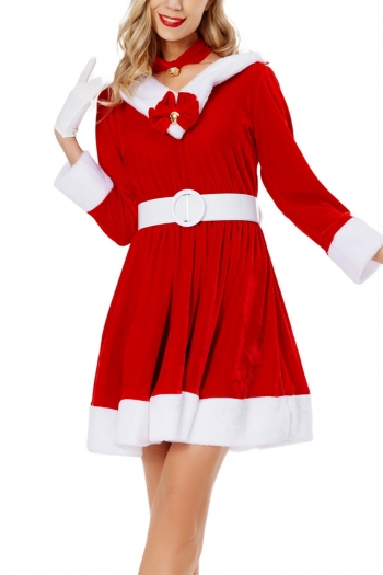 christmas new velvet hooded long sleeves plush patchwork high quality babydoll(with belt&glove,neck ring)