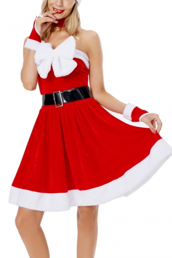christmas new velvet strapless bow tie plush patchwork high quality babydoll (with belt&glove,christmas hat)
