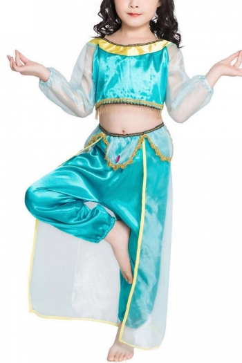 halloween for girl princess jasmine style satin mesh stitching dancing stage show pants sets costume (with hat*1)