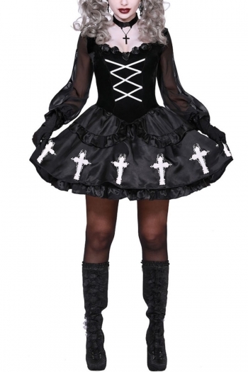 halloween vampire ghost nun cosplay mesh stitching zip-up sexy mini dress costume (with headband, without stocking)