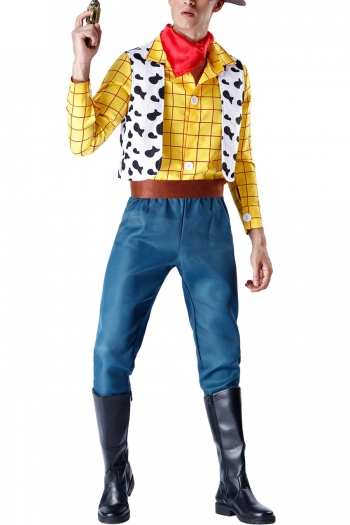 halloween new contrast color checked printing patchwork for man cosplay cowboy party stage costumes(with hat,scarf,vest & belt,no gun)