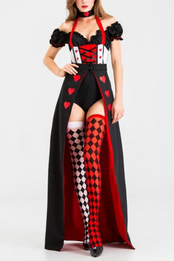 halloween new queen of hearts cosplay halter-neck bodysuit with skirt and socks clown drama costume (with crown)