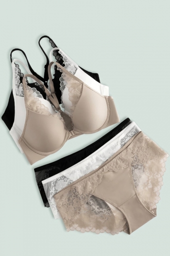 new 3 colors lace trim front buckle receive side breast thin back beautiful bra set(with soft underwire)