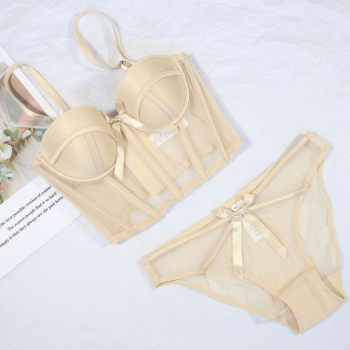 new 2 colors mesh with bones bow decor breasted thin side bra set shapewear (with underwire)