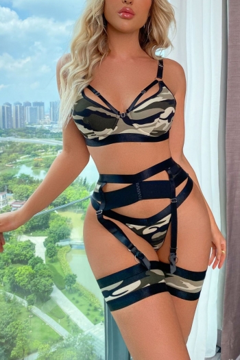 sexy lingerie new plus-size camouflage printing cutout sexy three-piece set(with underwire & leg ring)