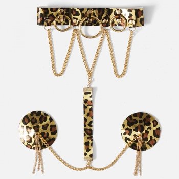 One pc new leopard neck ring metal chain connected tassel decor nipple pad