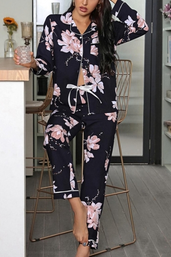 Autumn new stylish flower batch printing button loose pants sets loungewear (without underwear)