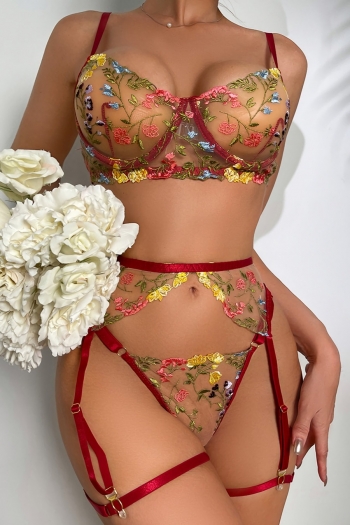 sexy lingerie new 6 colors mesh embroidery pastoral style floral see-through garter design sexy three-piece set(with underwire & leg ring)