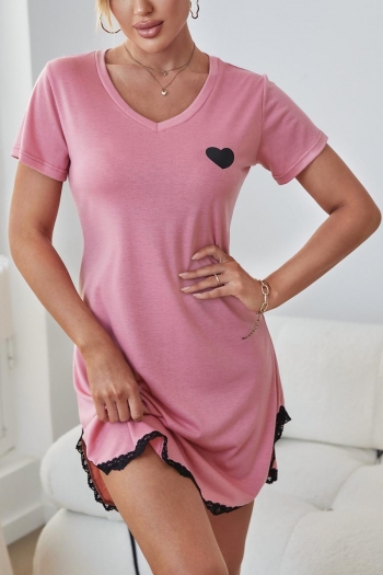 summer new stylish heart printing lace-trim decor mini dress loungewear