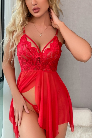 sexy lingerie new plus-size lace stitching mesh cutout slit sexy babydoll(with g-string)