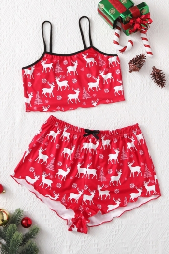 summer new christmas stylish elk batch printing dainty bow-knot shorts sets loungewear