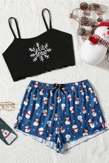 summer new christmas stylish snowman & snowflake batch printing dainty bow-knot shorts sets loungewear