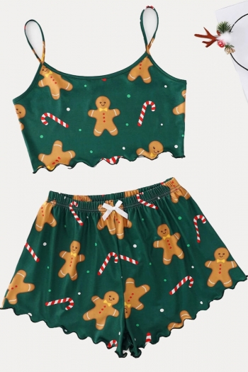 summer new christmas stylish gingerbread man batch printing dainty bow-knot shorts sets loungewear