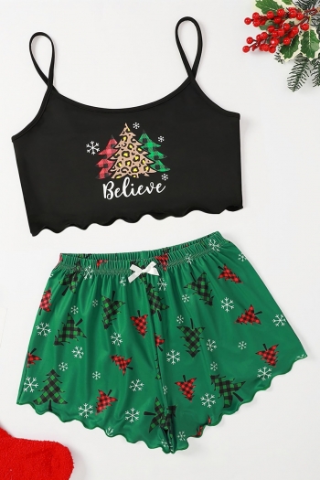 summer new stylish christmas tree batch printing dainty bow-knot shorts sets loungewear