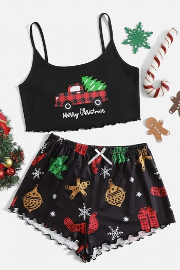 summer new christmas stylish cartoon batch printing dainty bow-knot shorts sets loungewear