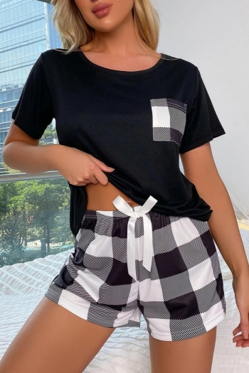 summer new stylish short sleeve with pocket lattice printing bow-knot shorts sets loungewear