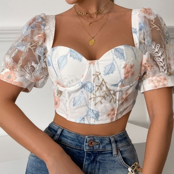 sexy lingerie new see through lace puff short sleeves square neckline embroidery sexy crop top(with underwire & boned)