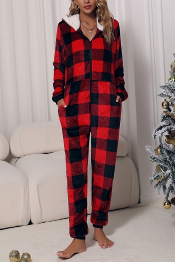 christmas style plaid slight stretch flannel hooded stylish jumpsuit loungewear