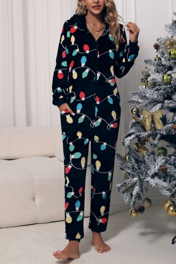 christmas style batch printing slight stretch flannel jumpsuit loungewear