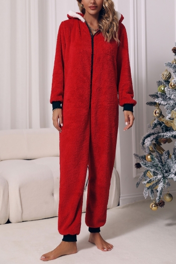 christmas style flannel slight stretch hooded zip-up jumpsuit loungewear