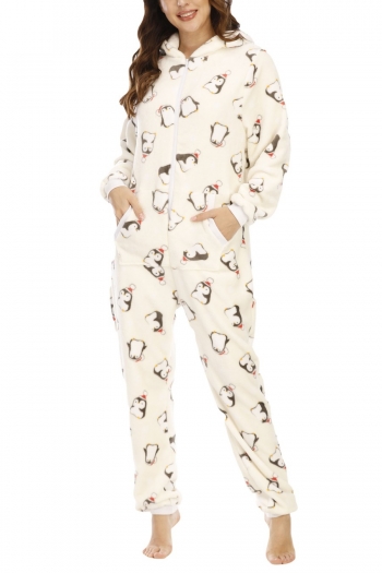 plus size christmas penguin flannel stretch hooded jumpsuit loungewear