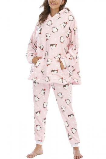 christmas penguin batch printing flannel stretch hooded two piece set loungewear