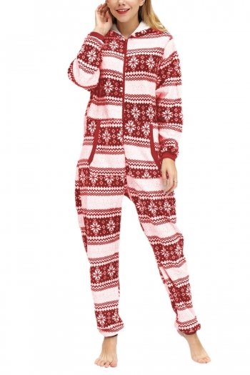 plus size christmas snowflakes batch printing flannel hooded jumpsuit loungewear