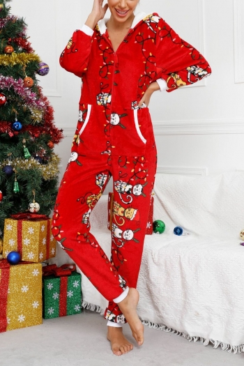 plus size christmas printing stretch flannel hooded jumpsuit loungewear#1#