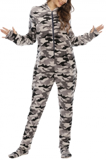 plus size stretch flannel camo with zipper foot cover jumpsuit loungewear