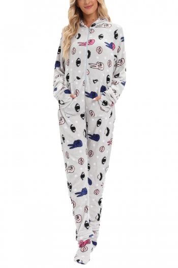 plus size stretch flannel eye print with zipper foot cover jumpsuit loungewear