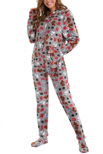 plus size stretch flannel dog print with zipper foot cover jumpsuit loungewear
