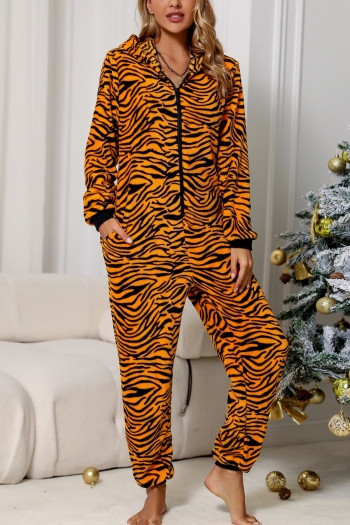 christmas tiger stripe flannel slight stretch hooded zip-up stylish jumpsuit