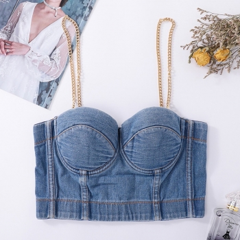 slight stretch denim metal chain bra vest(with underwire,75b 80b 85c 90c available for a\b\c cup)