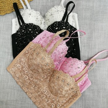 slight stretch lace rhinestone cutout bra vest(with underwire,75b 80b 85c 90c available for a\b\c cup)