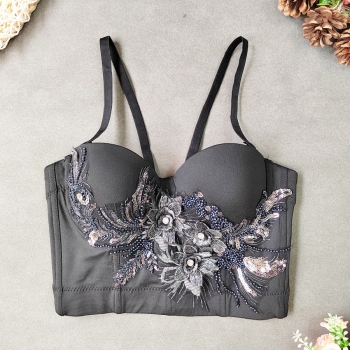 slight stretch embroidery beading sequins boned bra vest(with underwire,75b 80b 85c 90c available for a\b\c cup)
