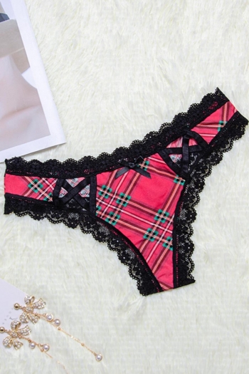 Plaid printing stretch lace bow low-rise sexy thong(size run small)