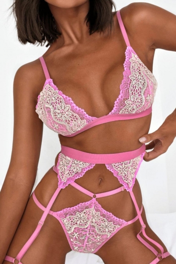 Non-stretch lace contrast hollow three piece set lingerie(without underwire)