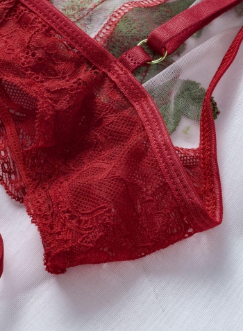 Sexy rose embroidery mesh sling two-piece set lingerie