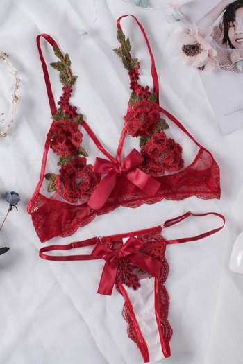 Sexy rose embroidery mesh sling two-piece set lingerie
