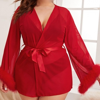 xl-4xl plus-size stretch mesh fuzzy nightgown(with belt,no underwear)