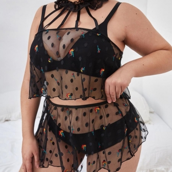 valentine's day plus size mesh embroidery sexy two-piece set(with panties)