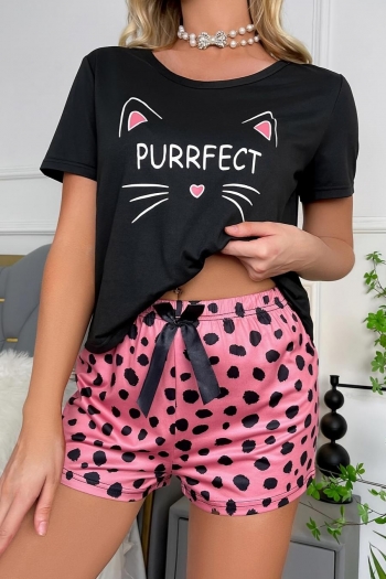 slight stretch cat letter printing bow decor shorts sets loungewear