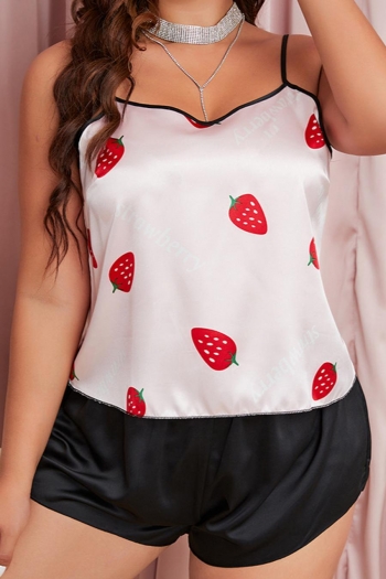Casual plus size non-stretch satin strawberry printing shorts sets loungewear