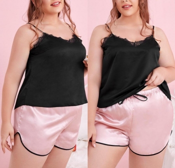 Casual plus size non-stretch satin sling lace shorts sets loungewear