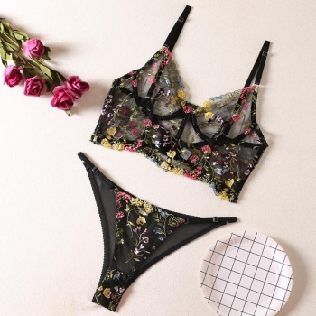 Sexy slight stretch mesh embroudery boned two-piece set(with underwire)