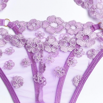 Sexy slight stretch flower embroidery three-piece set(with underwire)